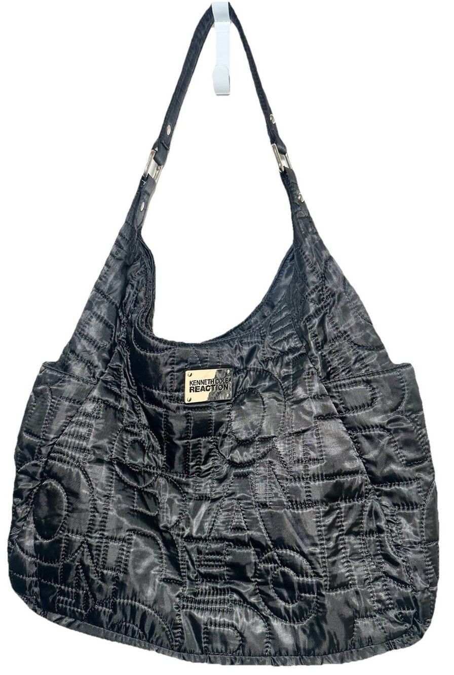 Kenneth Cole Reaction Y2K Black Quilted Nylon Logo Hobo Shoulder Bag